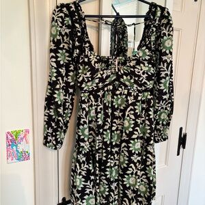 Free People Black Floral Dress with Green and Cream Bouquet Print